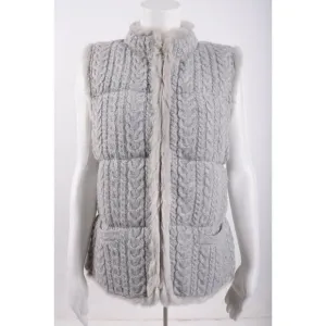 Talbots Womens Gray Metallic Sweater Vest Cable Knit Faux Fur Trim M Medium