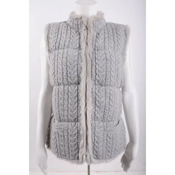 Talbots Womens Gray Metallic Sweater Vest Cable Knit Faux Fur Trim M Medium