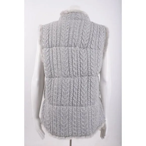 Talbots Womens Gray Metallic Sweater Vest Cable Knit Faux Fur Trim M Medium
