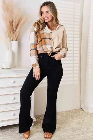 Tan Plaid Print Dropped Shoulder Shirt