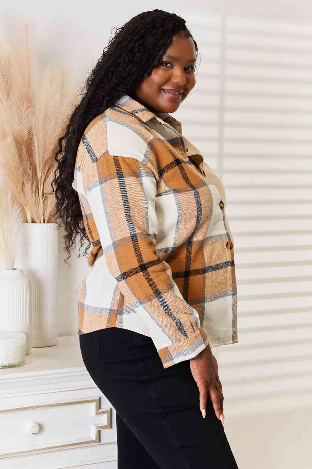 Tan Plaid Print Dropped Shoulder Shirt