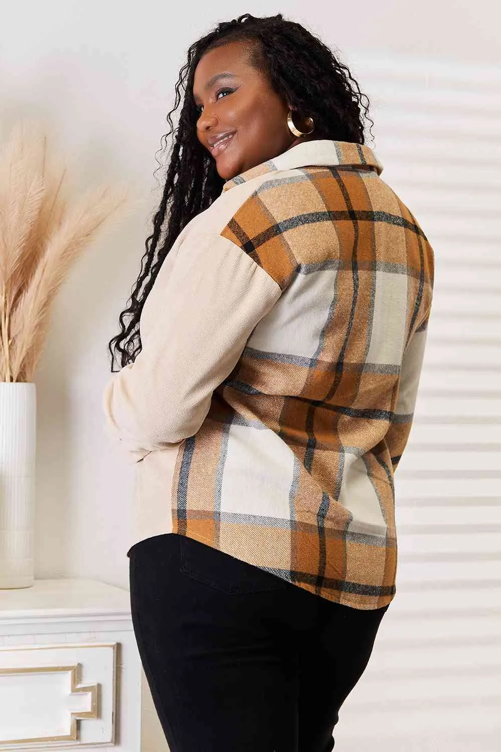 Tan Plaid Print Dropped Shoulder Shirt