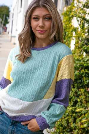 Teal Color Block Cable Oversized Knit Sweater