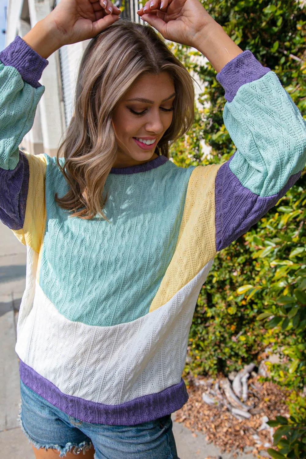 Teal Color Block Cable Oversized Knit Sweater
