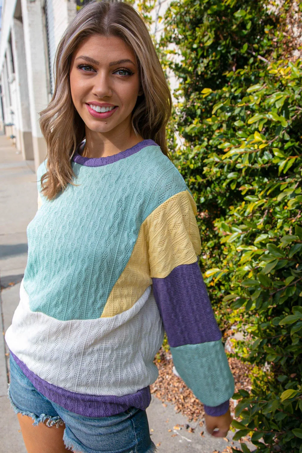 Teal Color Block Cable Oversized Knit Sweater