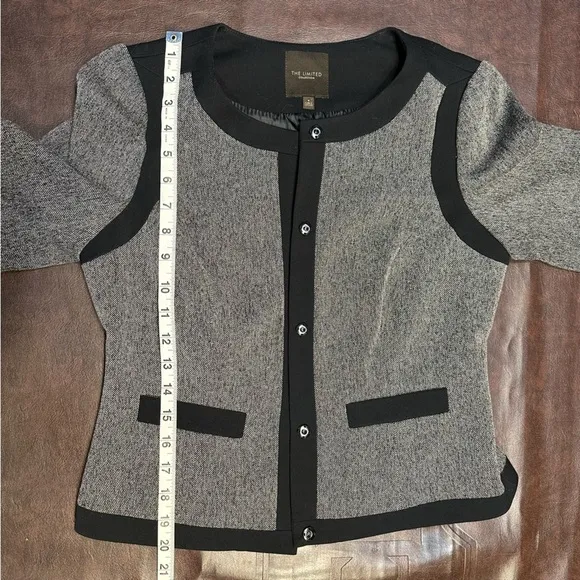 The Limited Faux Tweed Blazer Jacket Snap Front Collarless Gray Black Womens 2