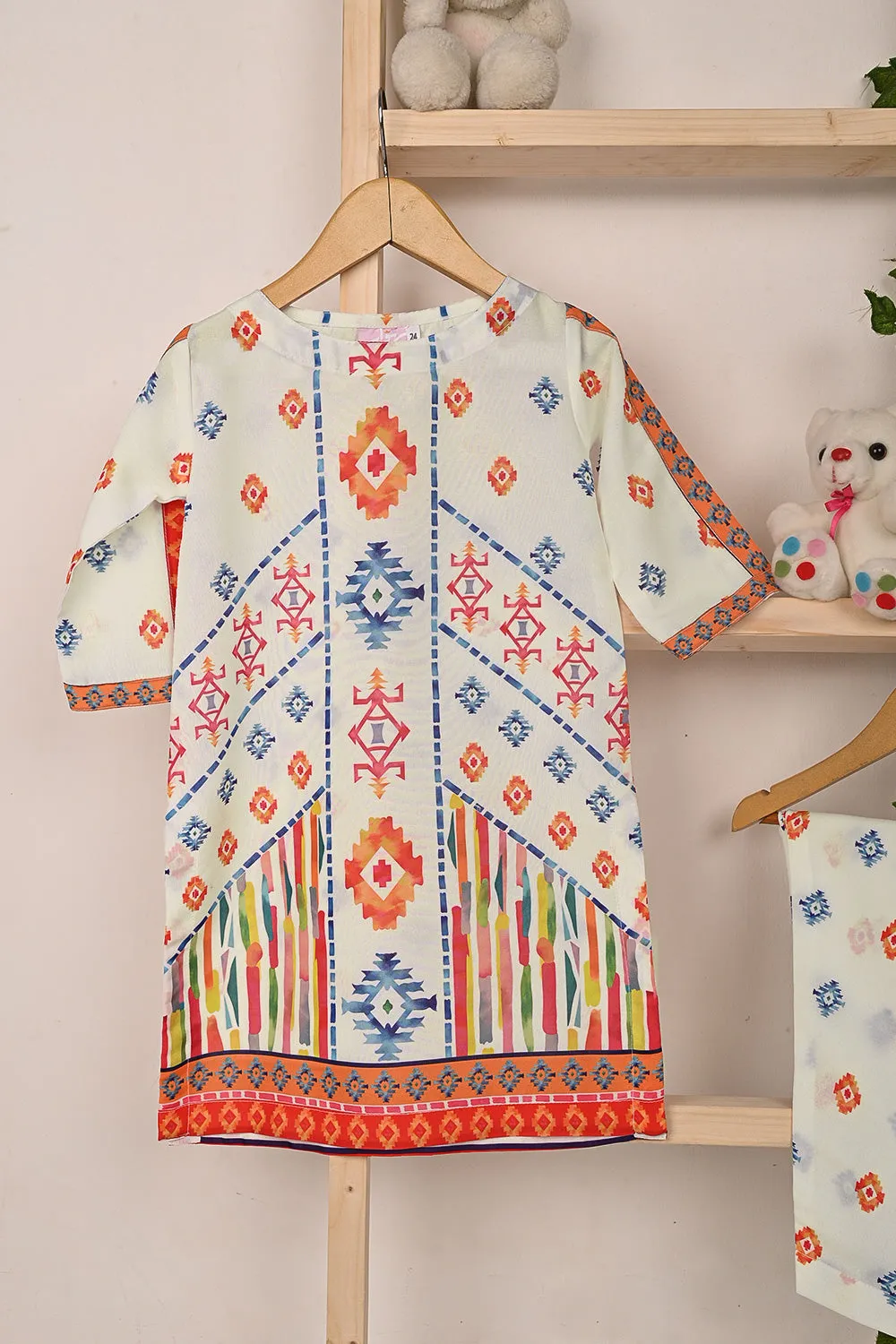 TKF-281-Off White - Kids 2Pc Ready to Wear Digital Printed Cotton Dress