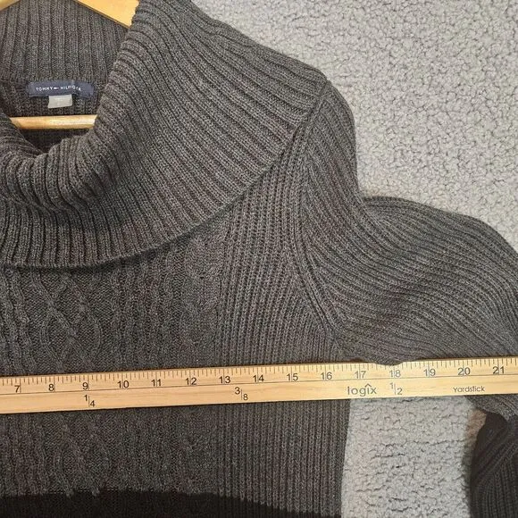 Tommy Hilfiger Sweater Dress S Black Gray Cowl Neck Cable Knit Tunic Colorblock
