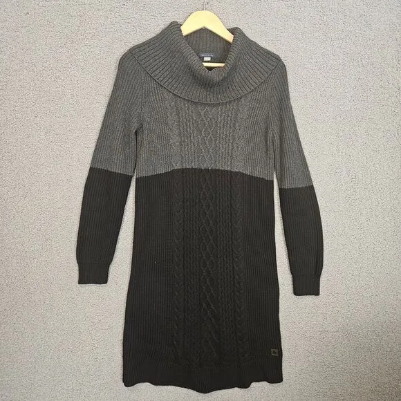 Tommy Hilfiger Sweater Dress S Black Gray Cowl Neck Cable Knit Tunic Colorblock