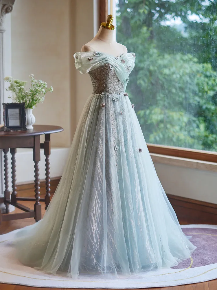 Tulle A-Line Off the Shoulder Long Prom Dress with Hand Made Flowers