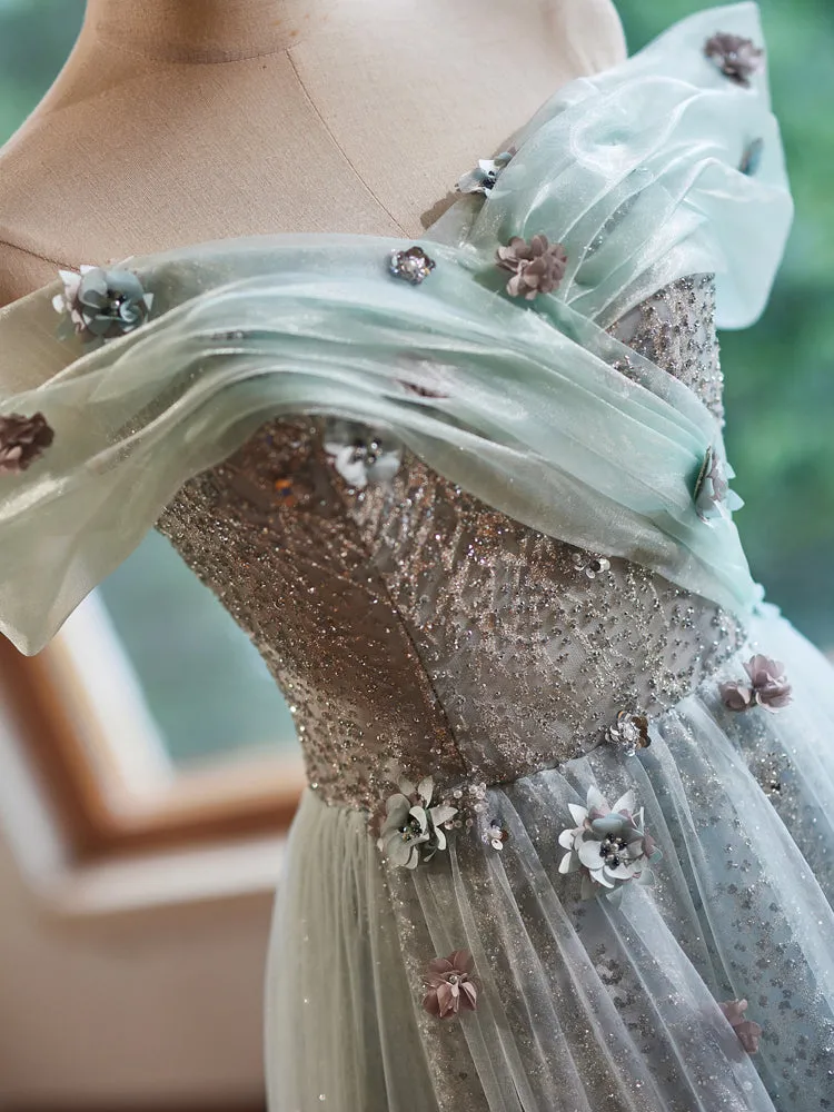 Tulle A-Line Off the Shoulder Long Prom Dress with Hand Made Flowers