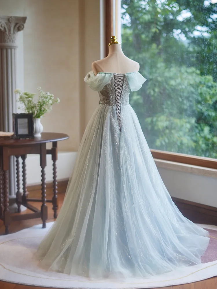 Tulle A-Line Off the Shoulder Long Prom Dress with Hand Made Flowers