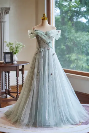 Tulle A-Line Off the Shoulder Long Prom Dress with Hand Made Flowers