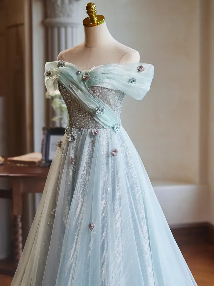 Tulle A-Line Off the Shoulder Long Prom Dress with Hand Made Flowers