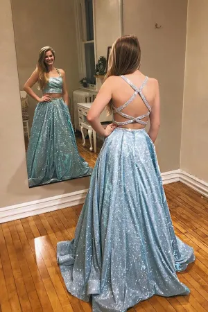 Tulle Lavender A-Line Sparkle Two Piece Prom Dress With Appliques ,MP559