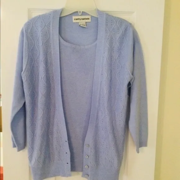 Two-in-one pointelle knit sweater set, Periwinkle blue, Size S, Cathy Daniels
