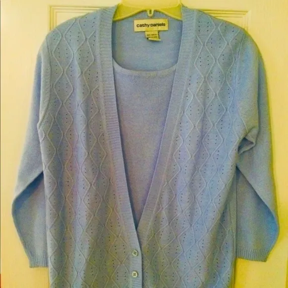 Two-in-one pointelle knit sweater set, Periwinkle blue, Size S, Cathy Daniels