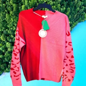Umgee Women's two toned V neck Pink Knit Sweater Size Small long sleeve
