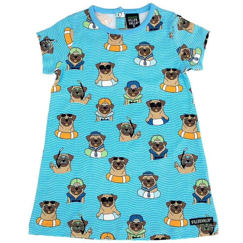 Villervalla Pool Dogs A-Line Dress - Aqua Blue - Short Sleeve