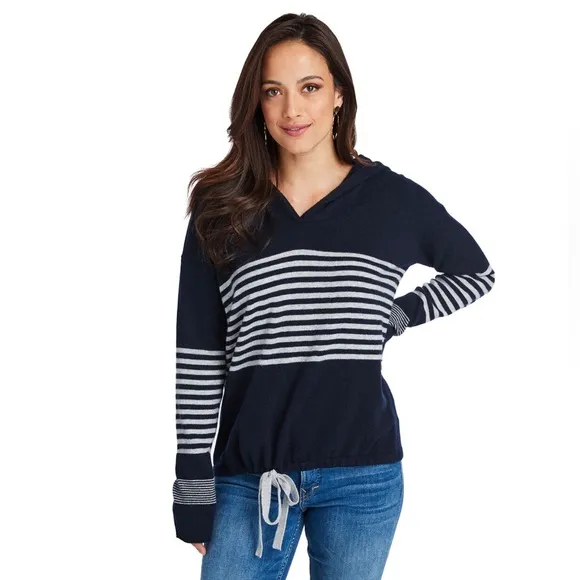 Vineyard Vines Striped Hoodie Sweater Wool Cashmere Navy Gray Stripe Womens XS