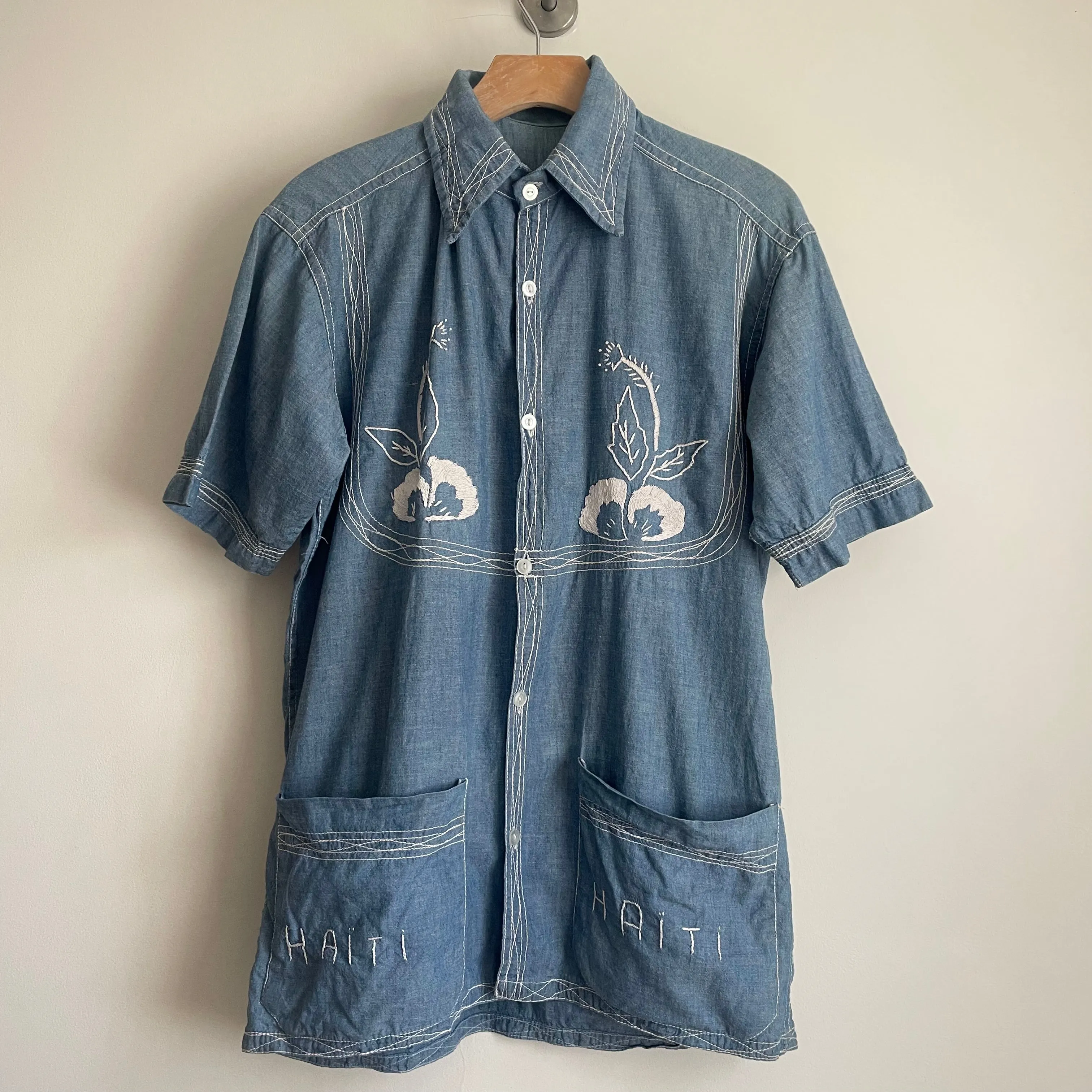 Vintage 50s 60s Embroidered Chambray Guayabera Chore Shirt