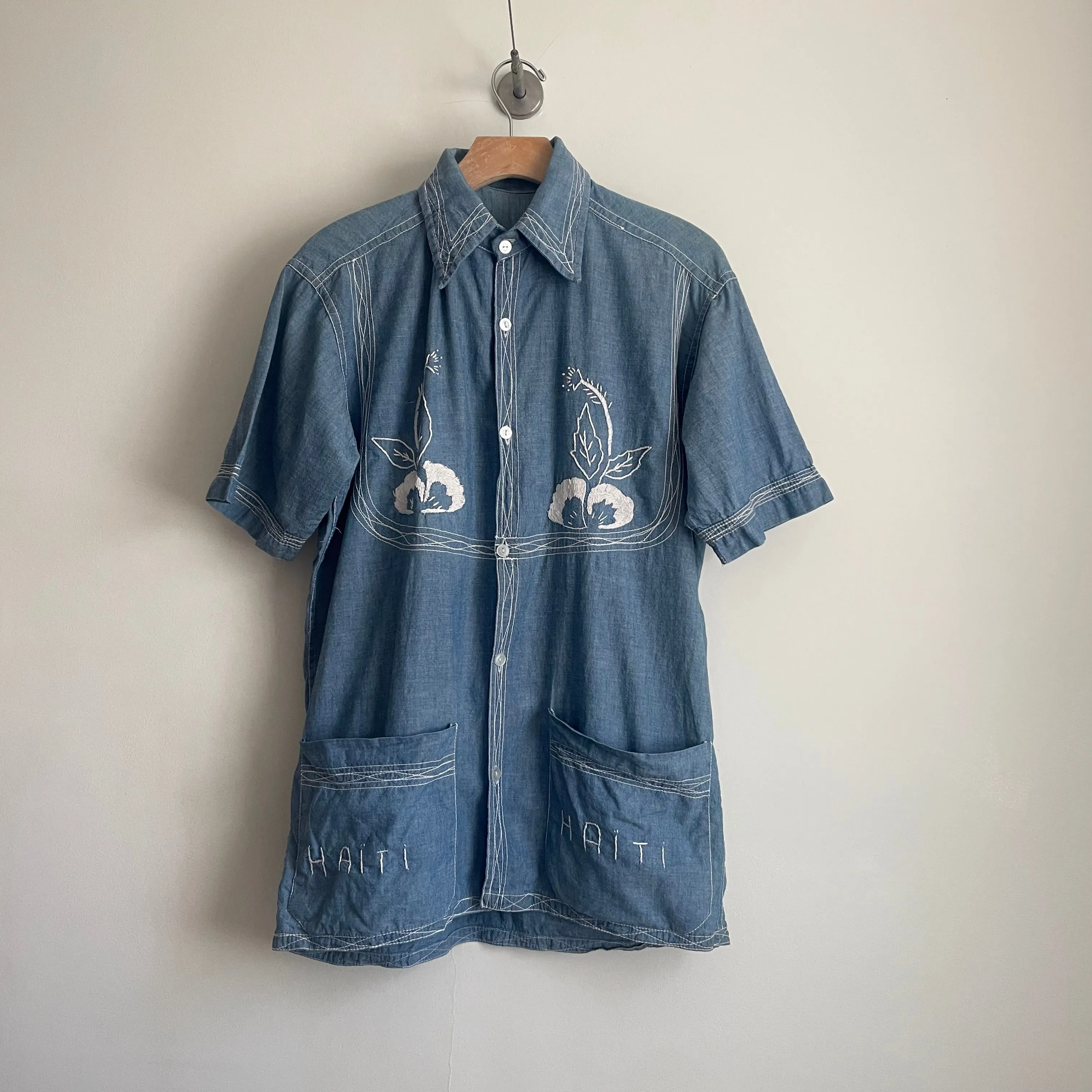 Vintage 50s 60s Embroidered Chambray Guayabera Chore Shirt