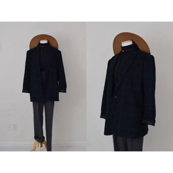 Vintage 90s Green/Navy Plaid Wool Acrylic Blazer by White Stag size 16