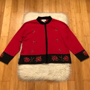 Vintage Christmas Beaded Sequins Zip Up Red Black Ugly Sweater Cardigan size 3X