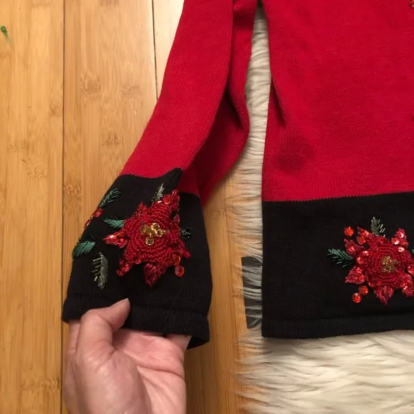 Vintage Christmas Beaded Sequins Zip Up Red Black Ugly Sweater Cardigan size 3X