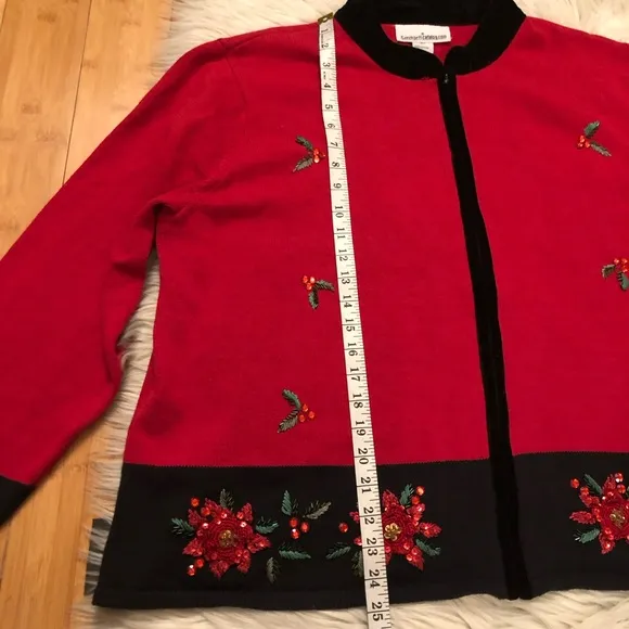 Vintage Christmas Beaded Sequins Zip Up Red Black Ugly Sweater Cardigan size 3X