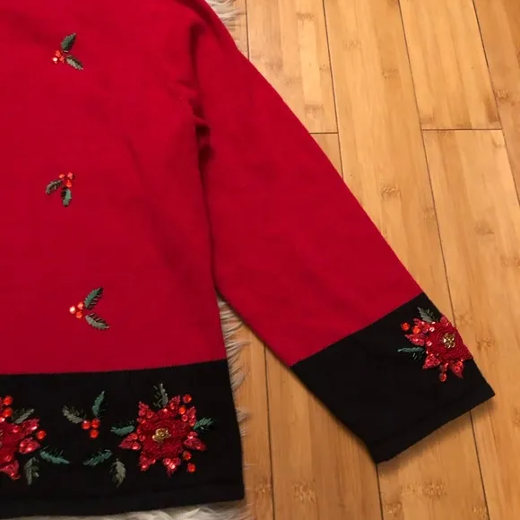 Vintage Christmas Beaded Sequins Zip Up Red Black Ugly Sweater Cardigan size 3X