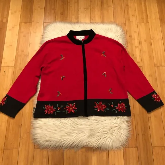 Vintage Christmas Beaded Sequins Zip Up Red Black Ugly Sweater Cardigan size 3X