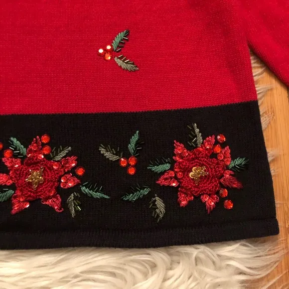 Vintage Christmas Beaded Sequins Zip Up Red Black Ugly Sweater Cardigan size 3X
