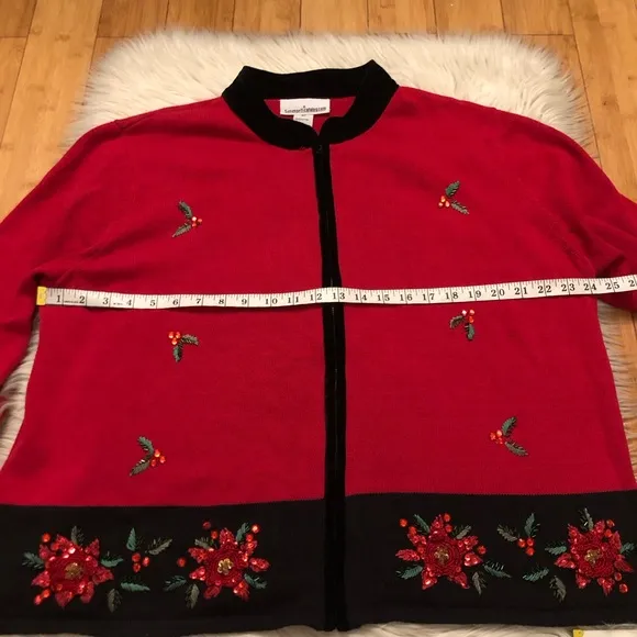 Vintage Christmas Beaded Sequins Zip Up Red Black Ugly Sweater Cardigan size 3X