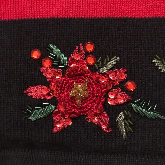 Vintage Christmas Beaded Sequins Zip Up Red Black Ugly Sweater Cardigan size 3X