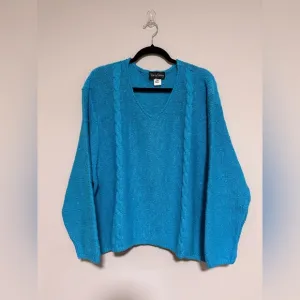 Vintage Diane Von Furstenberg Blue V-Neck Cotton Sweater Size 3X Coastal Beach