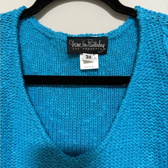 Vintage Diane Von Furstenberg Blue V-Neck Cotton Sweater Size 3X Coastal Beach