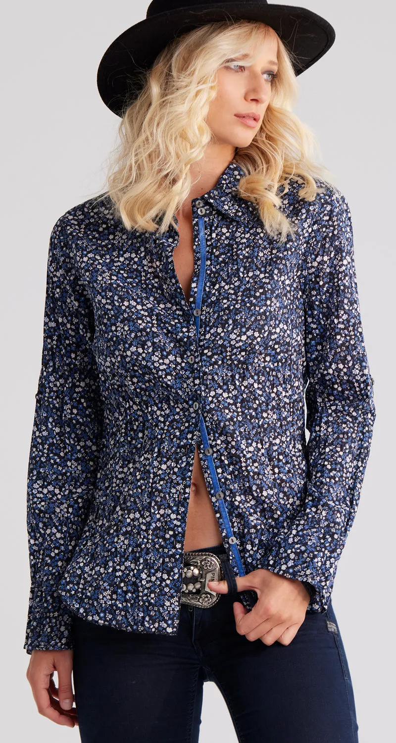 VINTAGE DITSY FLORAL BLUE BUTTON DOWN SHIRT