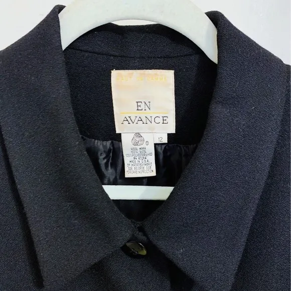 Vintage Haut de Gamme En Avance Black Wool Blazer Suit Jacket Point Collar Sz 12