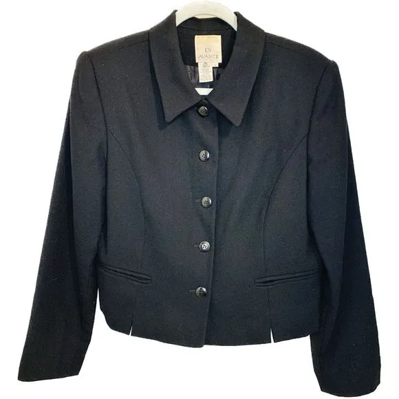 Vintage Haut de Gamme En Avance Black Wool Blazer Suit Jacket Point Collar Sz 12