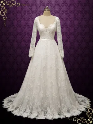 Vintage Inspired Lace Long Wedding Dress with Tiered Train ODETTE