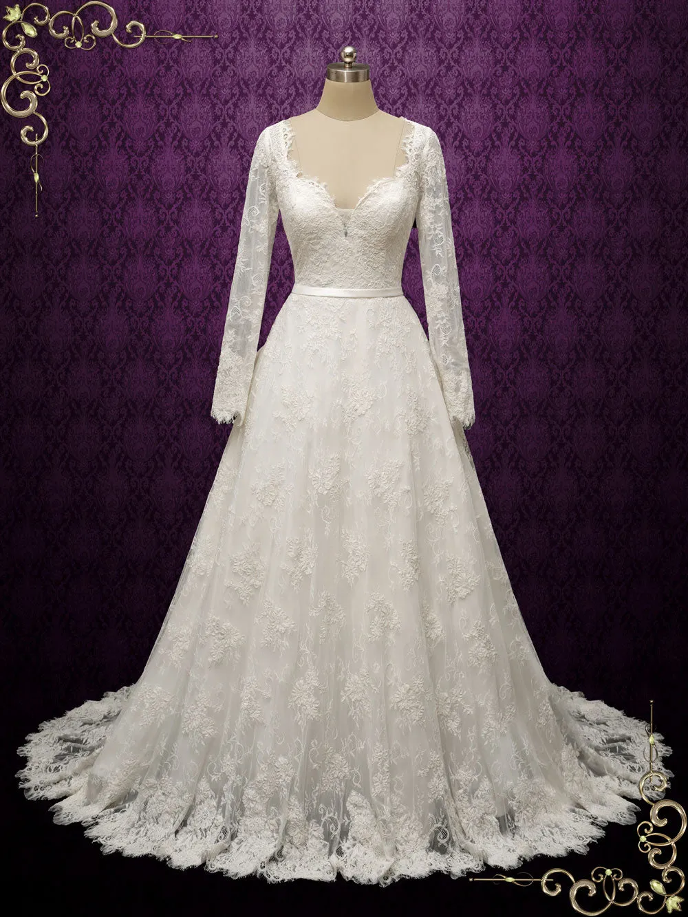 Vintage Inspired Lace Long Wedding Dress with Tiered Train ODETTE