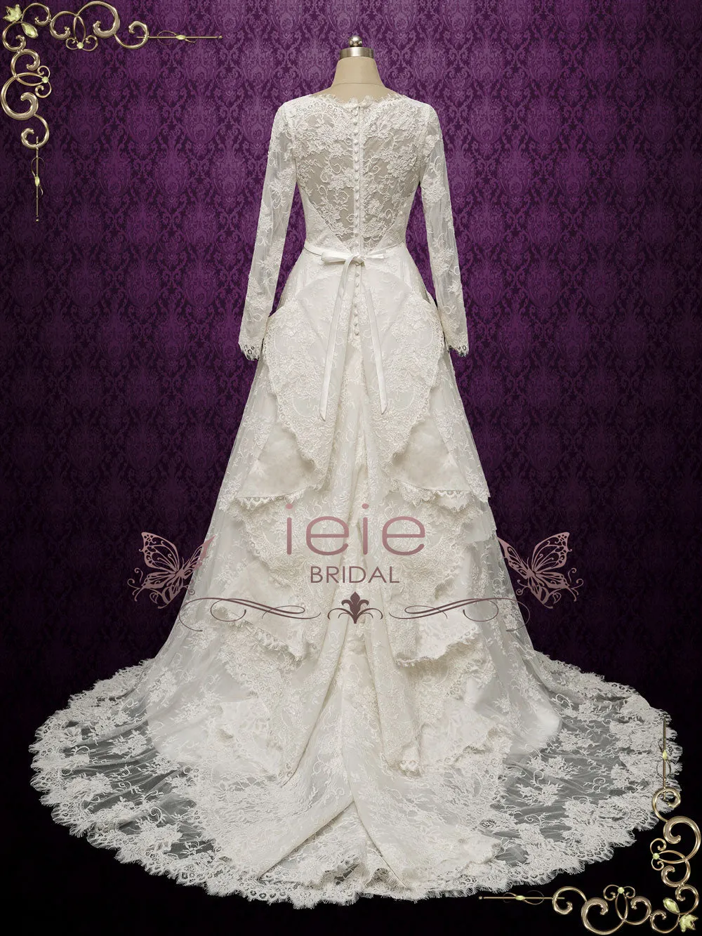 Vintage Inspired Lace Long Wedding Dress with Tiered Train ODETTE