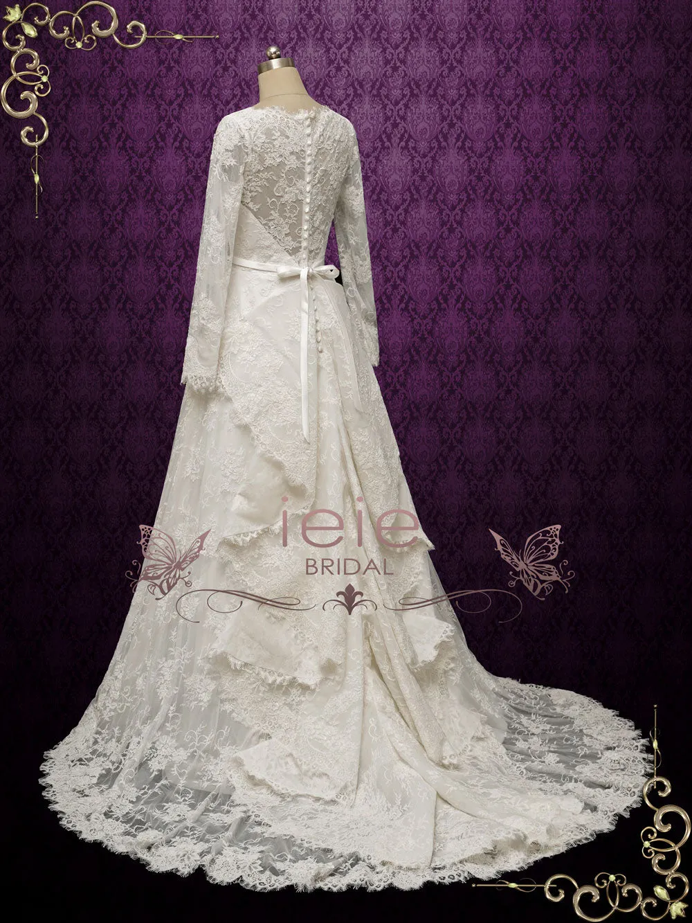 Vintage Inspired Lace Long Wedding Dress with Tiered Train ODETTE