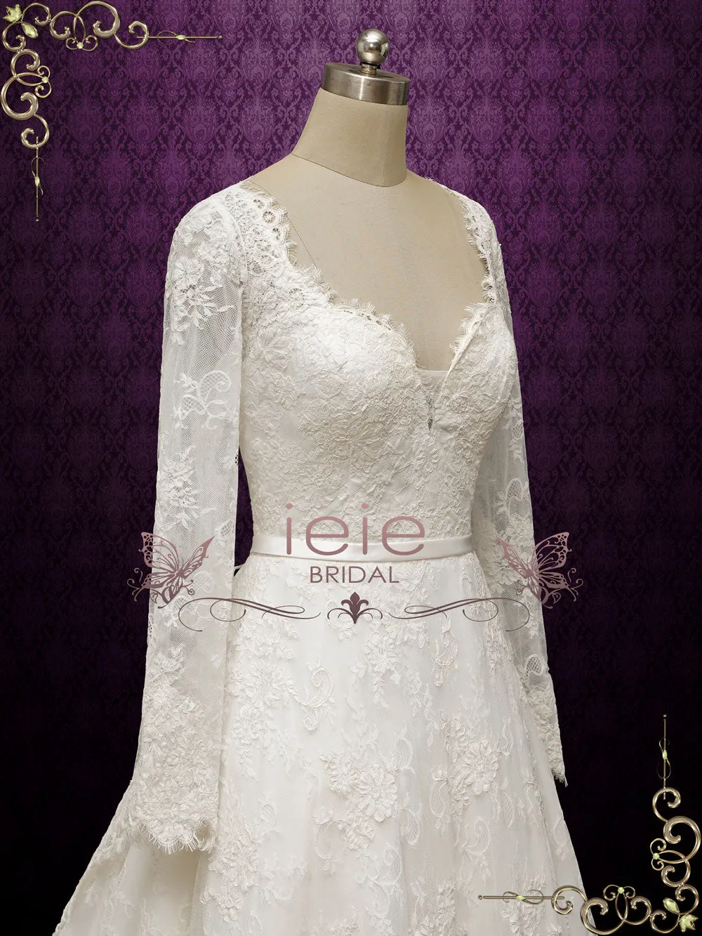 Vintage Inspired Lace Long Wedding Dress with Tiered Train ODETTE