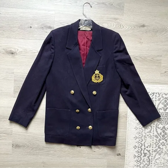 Vintage La Bonne Navy Wool Blazer Suit Jacket 8 Nautical Gold Buttons Preppy