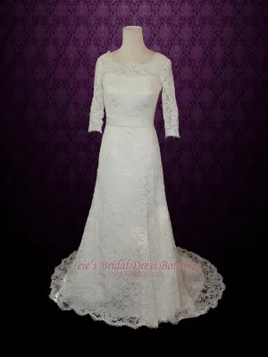 Vintage Modest Lace Wedding Dress with Long Sleeves REBECCA