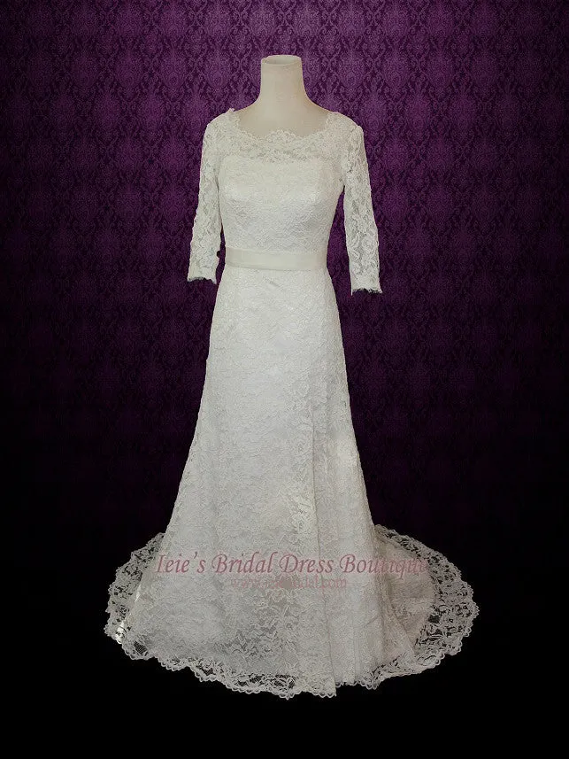 Vintage Modest Lace Wedding Dress with Long Sleeves REBECCA