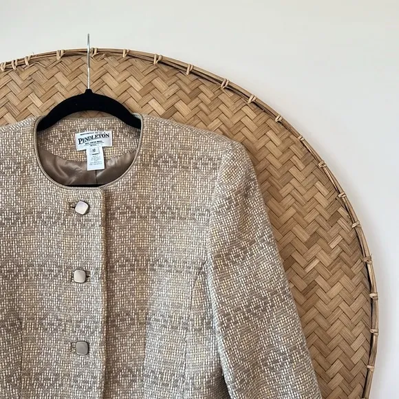 VINTAGE PENDLETON 100% VIRGIN WOOL KNIT TWEED DIAMOND PATTERN COLLARLESS…