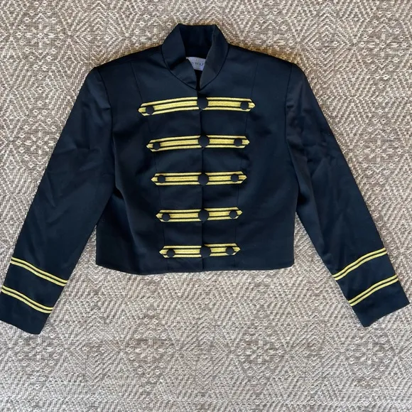 Vintage‎ Wool Military Style Cropped Jacket Blazer Skirt Set Black &amp; Gold Medium